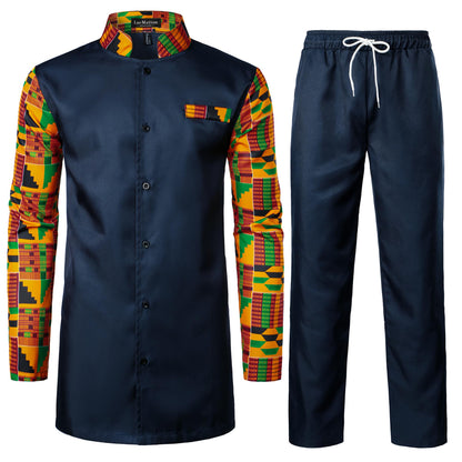 LucMatton Men's 2 Piece Outfits Long Sleeve Button Down African Dashiki Shirts and Pants Set Traditional Ethnic Suits