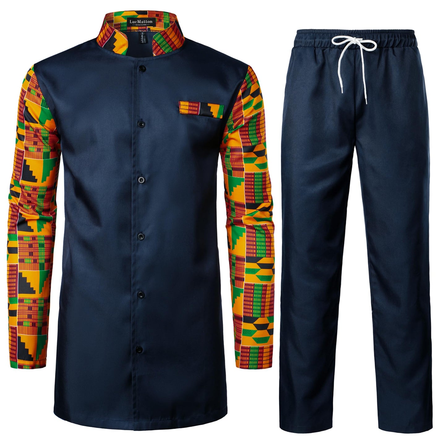 LucMatton Men's 2 Piece Outfits Long Sleeve Button Down African Dashiki Shirts and Pants Set Traditional Ethnic Suits