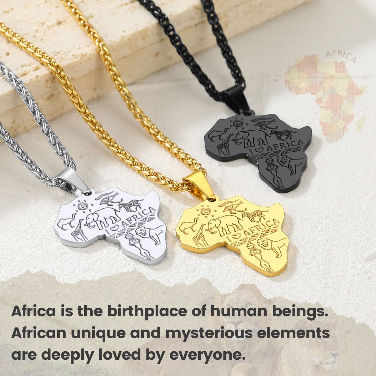 GOLDCHIC JEWELRY Africa Map Necklace for Men, Stainless Steel African Tribal/Egyptian Eye of Horus/I LOVE AFRICA/Elephant Map Hiphop Jewelry Unisex with 22'+2'Adjustable Chain