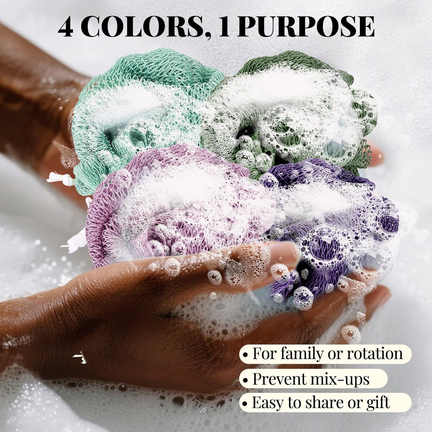 African Net Sponge Authentic-4 Packs African Exfoliating Net Sponge,Bath Sponges for Shower,42 inch Long for Normal to Sensitive Skin, for Daily use, Body Exfoliator Shower (Green,Pink,Blue,Grey)