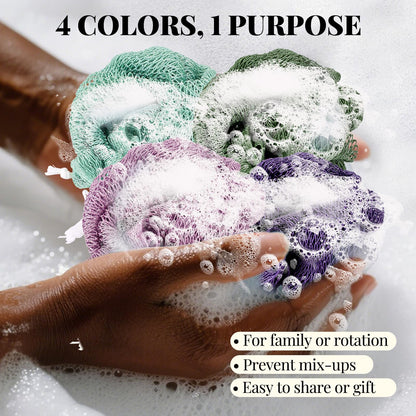 African Net Sponge Authentic-4 Packs African Exfoliating Net Sponge,Bath Sponges for Shower,42 inch Long for Normal to Sensitive Skin, for Daily use, Body Exfoliator Shower (Green,Pink,Blue,Grey)