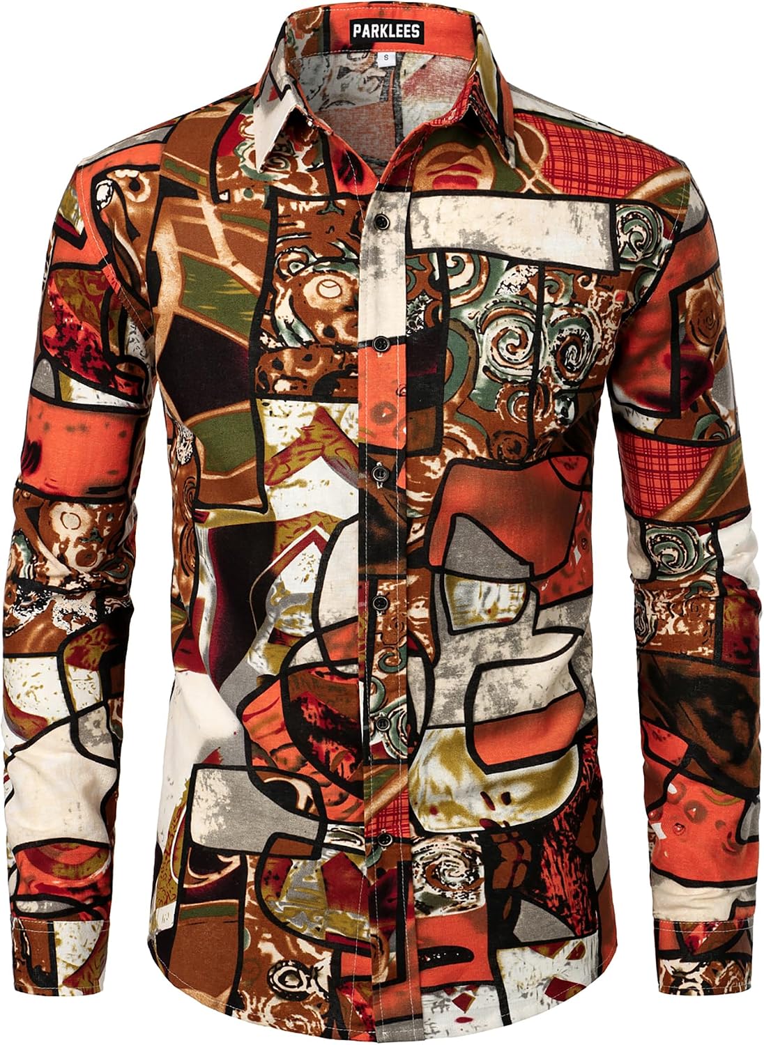 PARKLEES Men's Cotton Linen-Like 70s Disco Retro Traditional Pattern Printed Long Sleeve Button Down Shirt