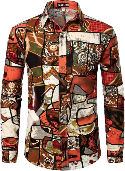 PARKLEES Men's Cotton Linen-Like 70s Disco Retro Traditional Pattern Printed Long Sleeve Button Down Shirt