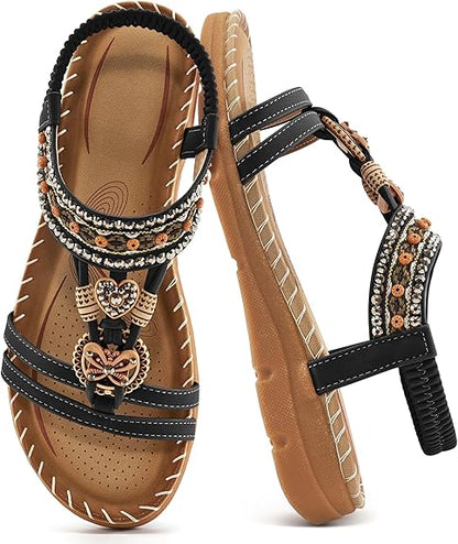 Aomigoct Sandals Women Flat Shoes: Dressy Summer Bohemian Flats Shoes for Women Sandals Comfortable Ankle Strap Outdoor Walking