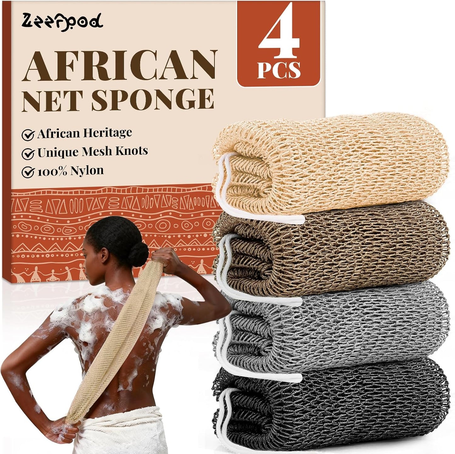 African Net Sponge Authentic-4 Packs African Exfoliating Net Sponge,Bath Sponges for Shower,42 inch Long for Normal to Sensitive Skin, for Daily use, Body Exfoliator Shower (Green,Pink,Blue,Grey)