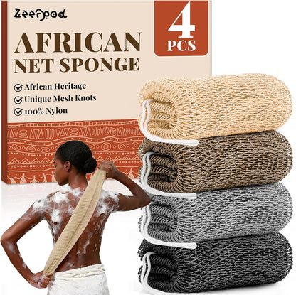 African Net Sponge Authentic-4 Packs African Exfoliating Net Sponge,Bath Sponges for Shower,42 inch Long for Normal to Sensitive Skin, for Daily use, Body Exfoliator Shower (Green,Pink,Blue,Grey)