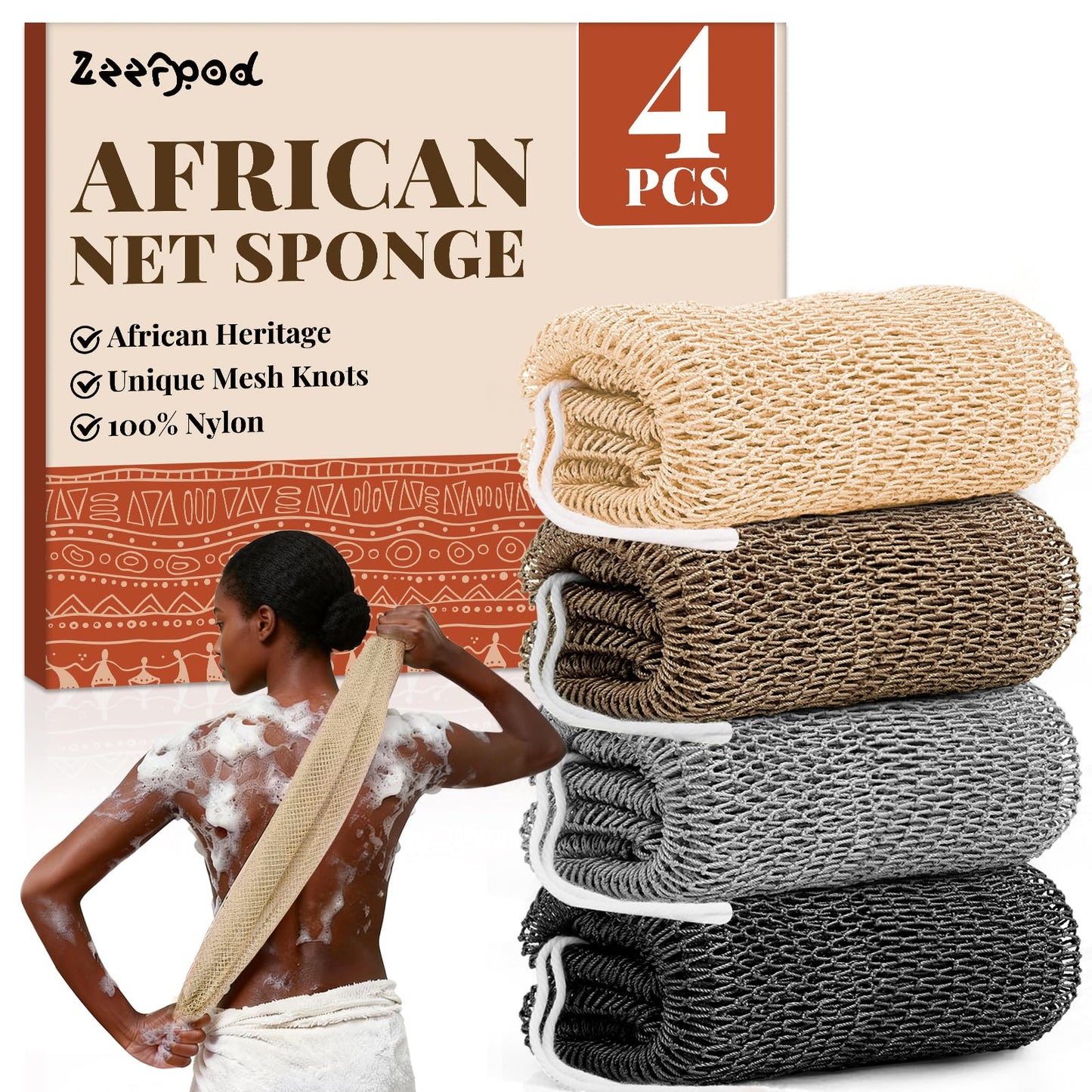African Net Sponge Authentic-4 Packs African Exfoliating Net Sponge,Bath Sponges for Shower,42 inch Long for Normal to Sensitive Skin, for Daily use, Body Exfoliator Shower (Green,Pink,Blue,Grey)