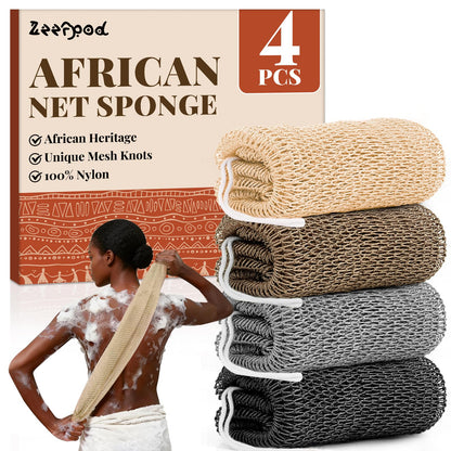 African Net Sponge Authentic-4 Packs African Exfoliating Net Sponge,Bath Sponges for Shower,42 inch Long for Normal to Sensitive Skin, for Daily use, Body Exfoliator Shower (Green,Pink,Blue,Grey)