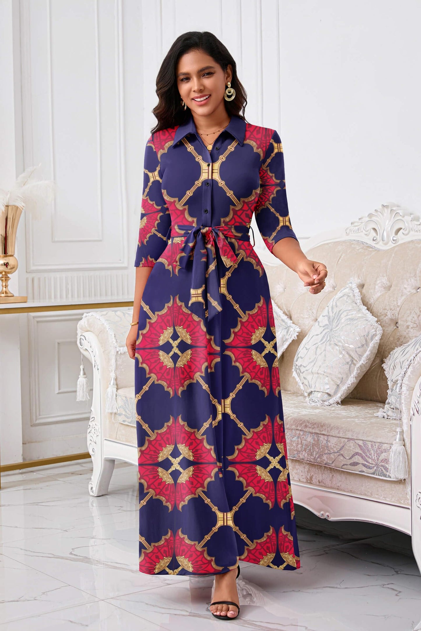 Rumwind Maxi Dresses for Women, 3/4 Sleeve Shirt Collar Casual Afircan Print Church Dress Button Down with Belt and Pockets