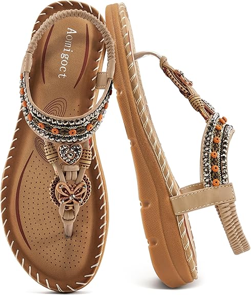 Aomigoct Sandals Women Flat Shoes: Dressy Summer Bohemian Flats Shoes for Women Sandals Comfortable Ankle Strap Outdoor Walking