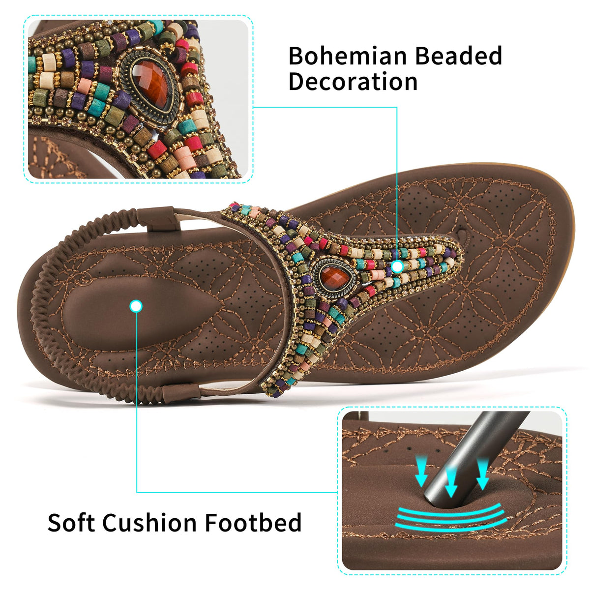 Ecetana Women's Flat Sandals Comfort Beaded Boho Summer Ankle Strap