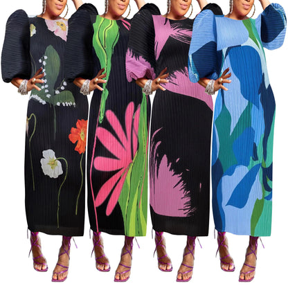 Women Colorful African Dress Floral Party Pleated Maxi Dress