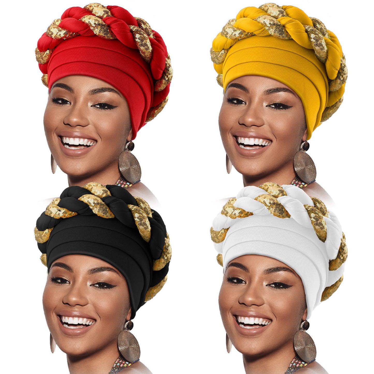 4 Pcs African Turban Head Wrap for Black Women Braid Beanie Stretchy Elastic Turban Hair Wrap