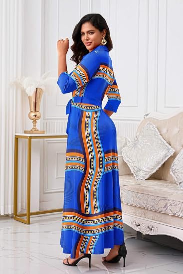 Runwind Women Church Maxi Dresses 3/4 Sleeve Button Down Print Casual Office Dress African