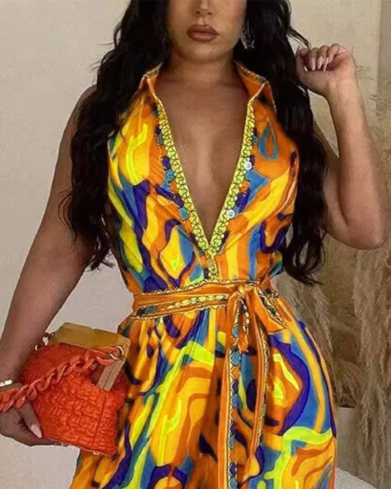 Multi color abstract print wide leg jumpsuit: MULTICOLOR / 1-1-1-1 / S-M-L-XL