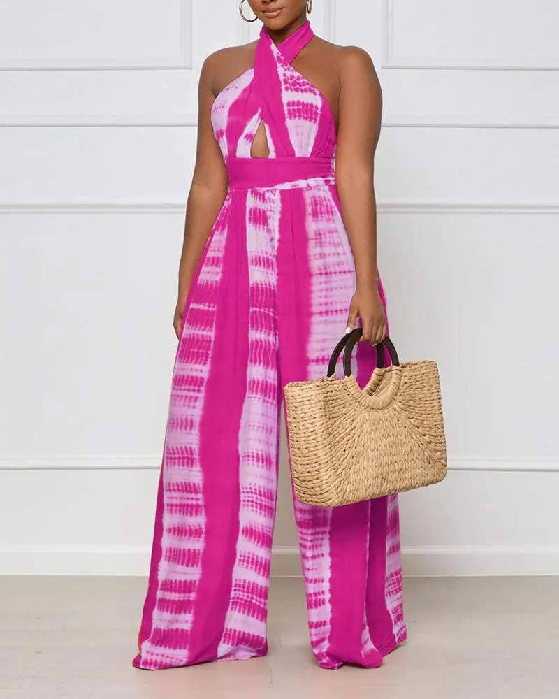 Print halter backless high waist wide leg jumpsuit: ORANGE / 1-1-1-1 / S-M-L-XL