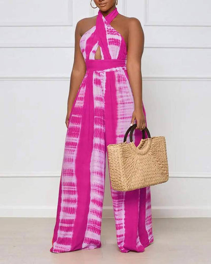 Print halter backless high waist wide leg jumpsuit: ORANGE / 1-1-1-1 / S-M-L-XL