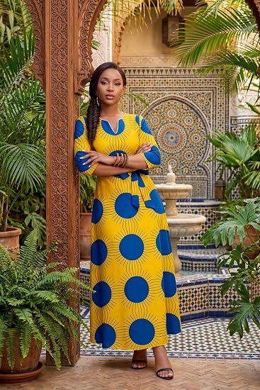 FANDEE African Attire Dresses for Women Elegant Print V Neck 3/4 Sleeve Belted Long Maxi Church Vintage Party Outfits