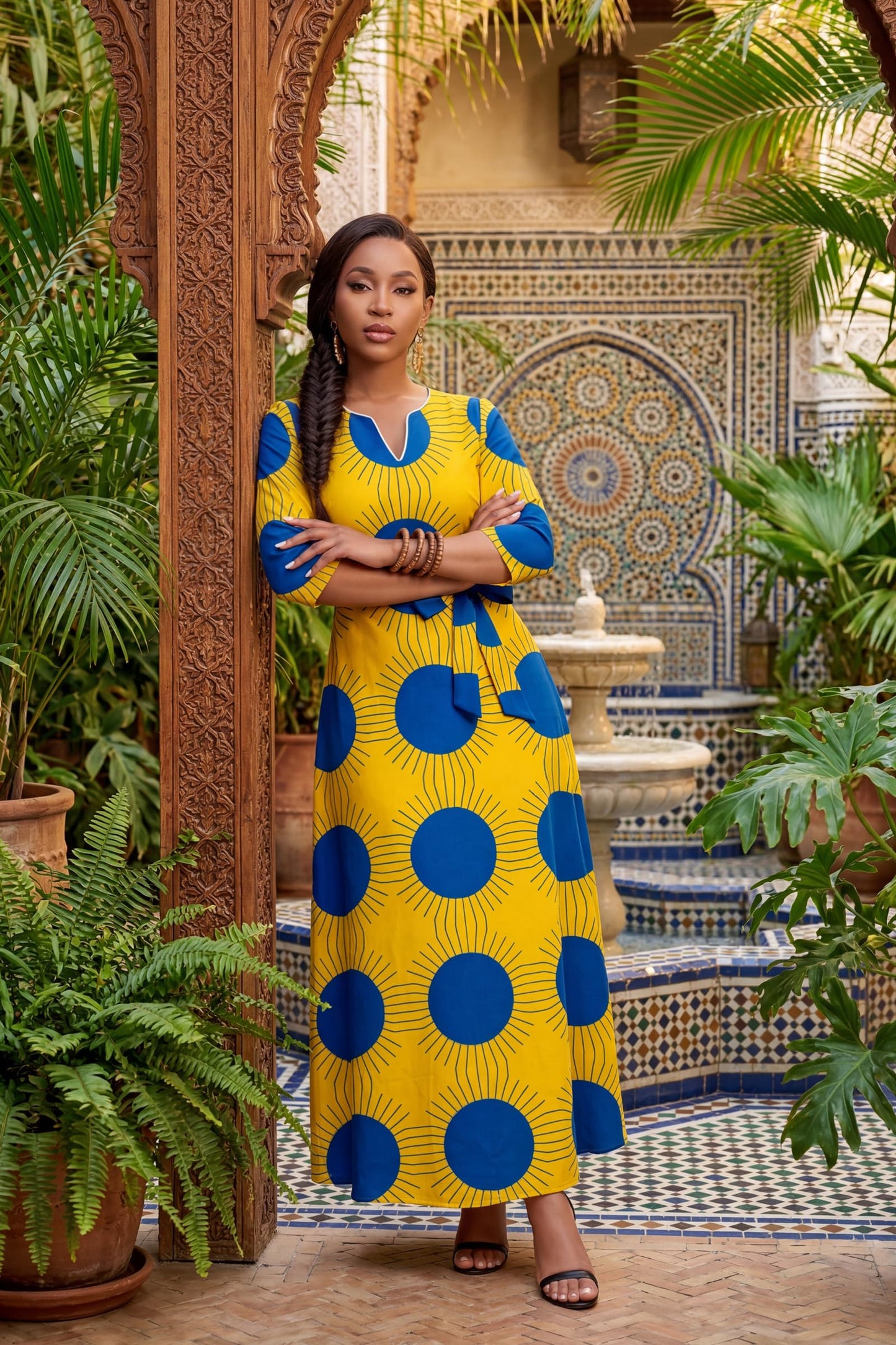 FANDEE African Attire Dresses for Women Elegant Print V Neck 3/4 Sleeve Belted Long Maxi Church Vintage Party Outfits