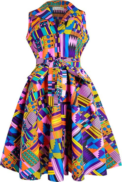 African Print Sleeveless Dress Ankara Lace-up Dress Wax Fashion Dress