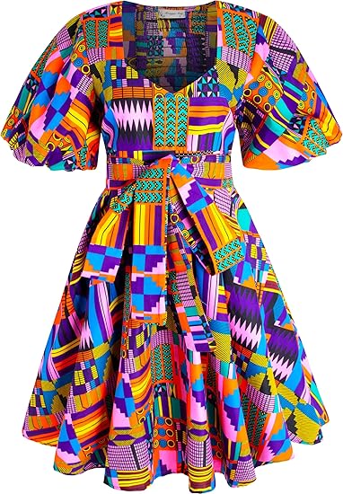 Women's African Print Dress Ankara Wax Dresses Lantern Sleeves