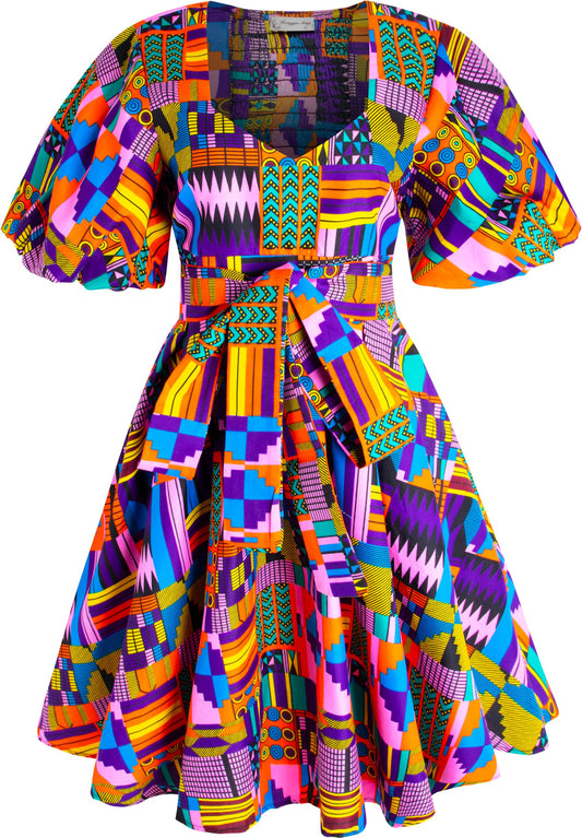 Women's African Print Dress Ankara Wax Dresses Lantern Sleeves