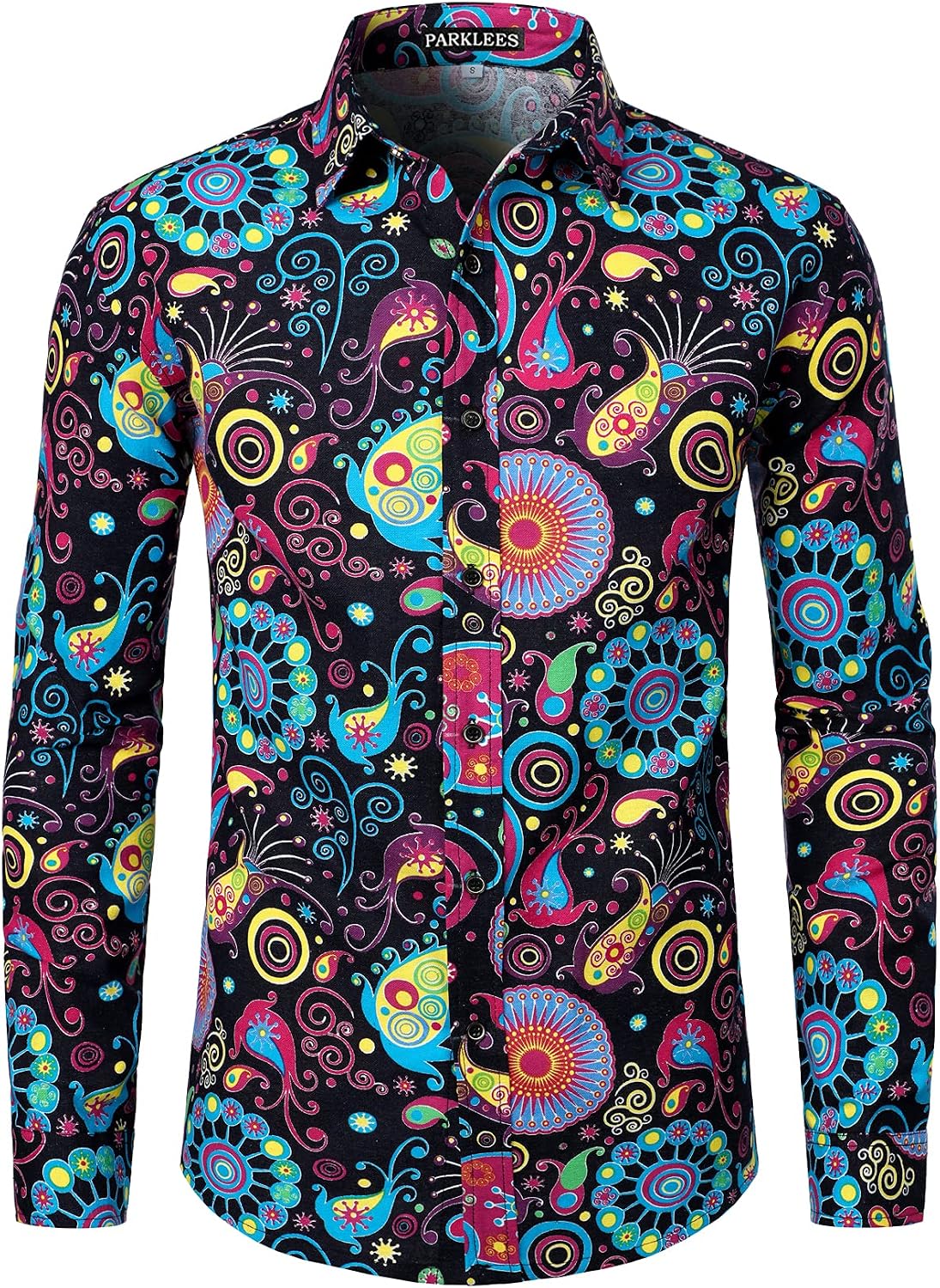 PARKLEES Men's Cotton Linen-Like 70s Disco Retro Traditional Pattern Printed Long Sleeve Button Down Shirt