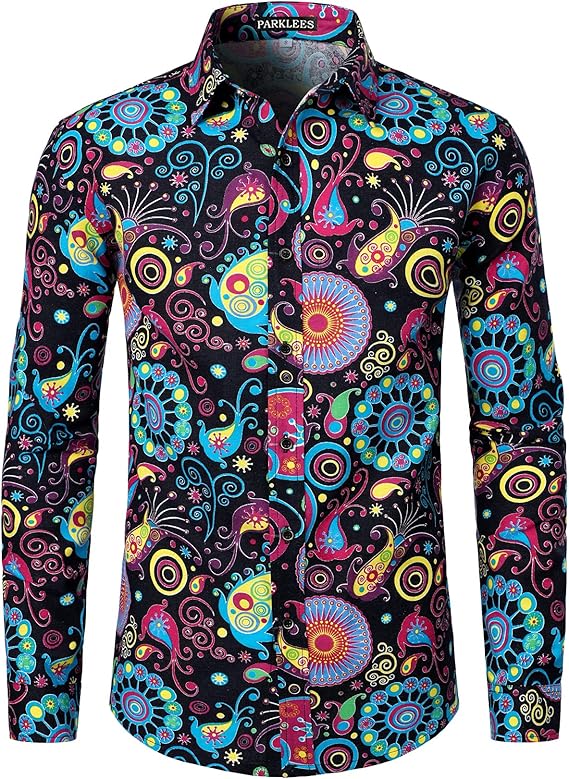 PARKLEES Men's Cotton Linen-Like 70s Disco Retro Traditional Pattern Printed Long Sleeve Button Down Shirt