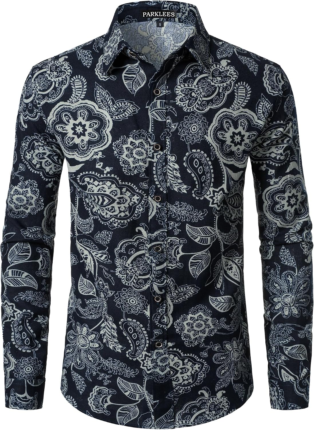 PARKLEES Men's Cotton Linen-Like 70s Disco Retro Traditional Pattern Printed Long Sleeve Button Down Shirt