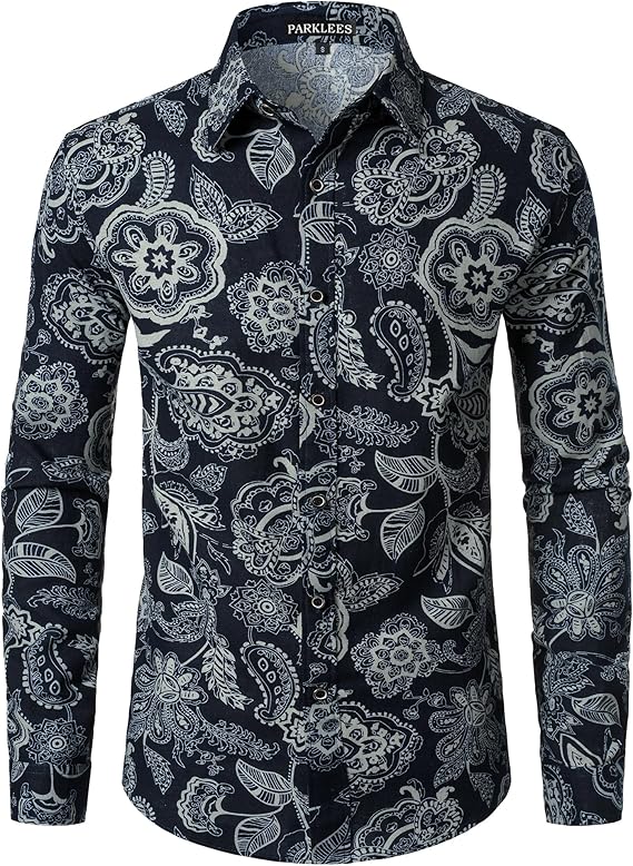 PARKLEES Men's Cotton Linen-Like 70s Disco Retro Traditional Pattern Printed Long Sleeve Button Down Shirt