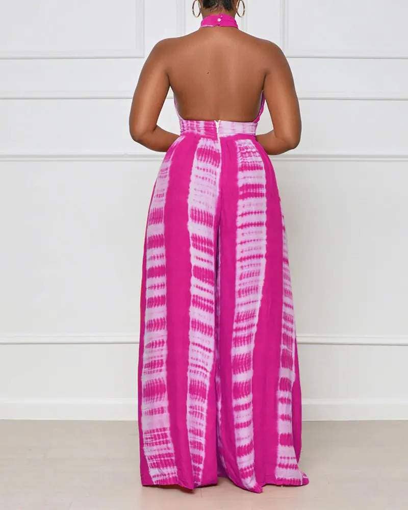 Print halter backless high waist wide leg jumpsuit: ORANGE / 1-1-1-1 / S-M-L-XL
