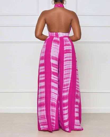 Print halter backless high waist wide leg jumpsuit: ORANGE / 1-1-1-1 / S-M-L-XL