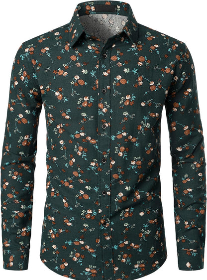 PARKLEES Men's Cotton Linen-Like 70s Disco Retro Traditional Pattern Printed Long Sleeve Button Down Shirt