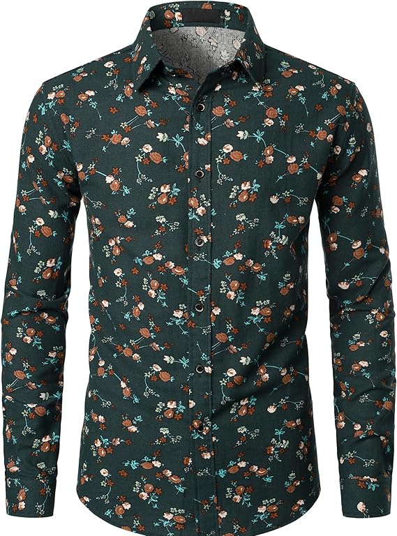 PARKLEES Men's Cotton Linen-Like 70s Disco Retro Traditional Pattern Printed Long Sleeve Button Down Shirt