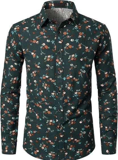 PARKLEES Men's Cotton Linen-Like 70s Disco Retro Traditional Pattern Printed Long Sleeve Button Down Shirt