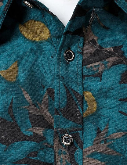 PARKLEES Men's Cotton Linen-Like 70s Disco Retro Traditional Pattern Printed Long Sleeve Button Down Shirt