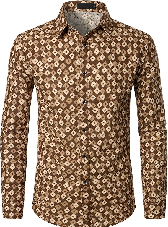 PARKLEES Men's Cotton Linen-Like 70s Disco Retro Traditional Pattern Printed Long Sleeve Button Down Shirt