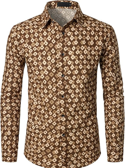 PARKLEES Men's Cotton Linen-Like 70s Disco Retro Traditional Pattern Printed Long Sleeve Button Down Shirt