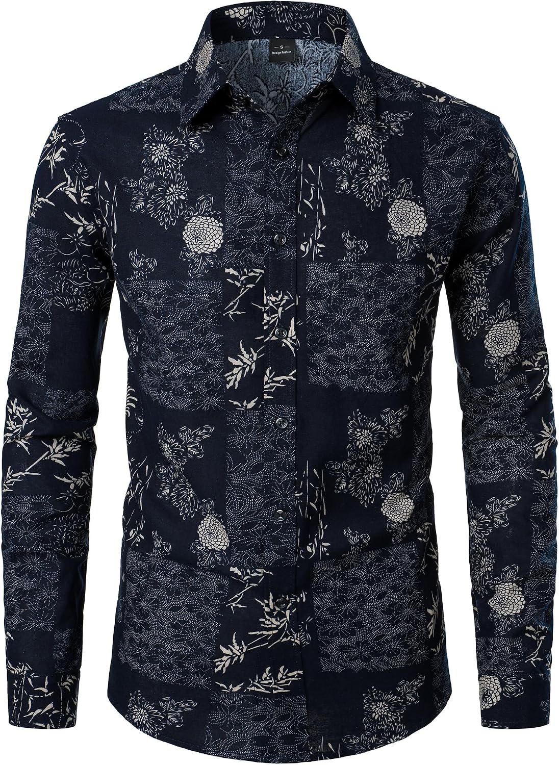 PARKLEES Men's Cotton Linen-Like 70s Disco Retro Traditional Pattern Printed Long Sleeve Button Down Shirt