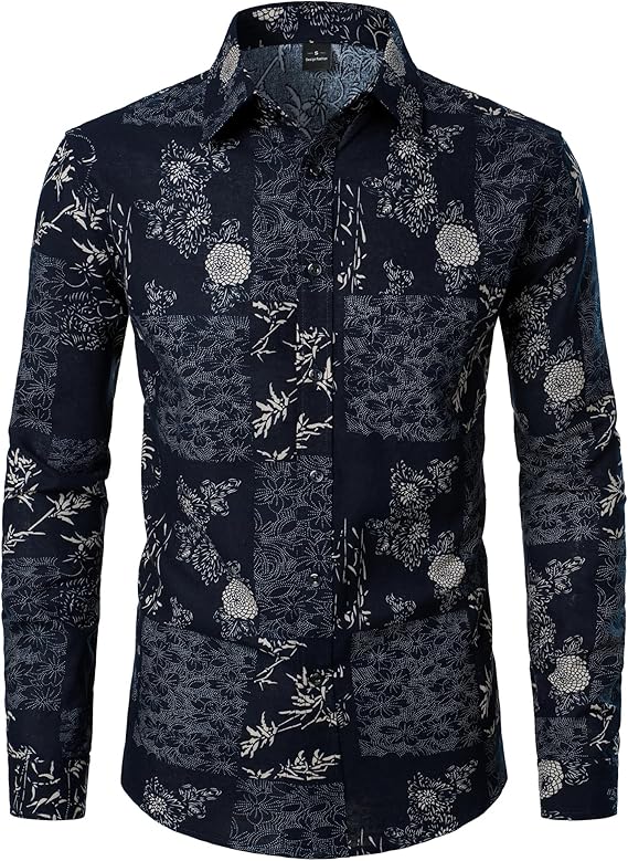 PARKLEES Men's Cotton Linen-Like 70s Disco Retro Traditional Pattern Printed Long Sleeve Button Down Shirt