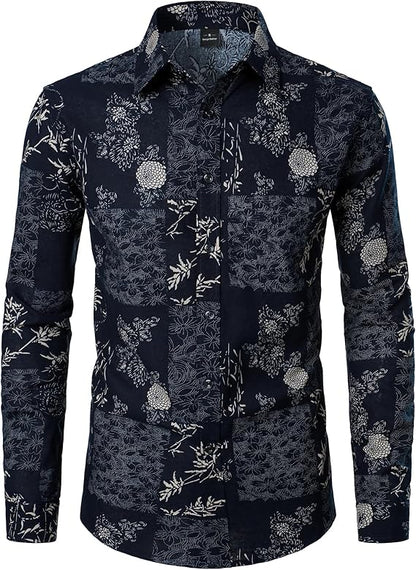 PARKLEES Men's Cotton Linen-Like 70s Disco Retro Traditional Pattern Printed Long Sleeve Button Down Shirt