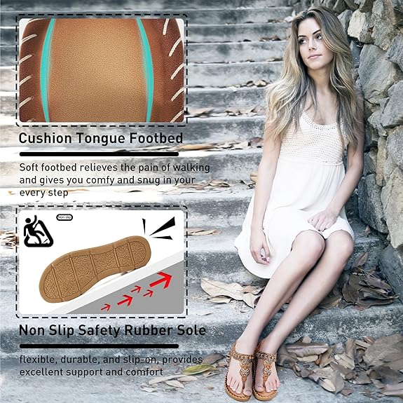 Aomigoct Sandals Women Flat Shoes: Dressy Summer Bohemian Flats Shoes for Women Sandals Comfortable Ankle Strap Outdoor Walking