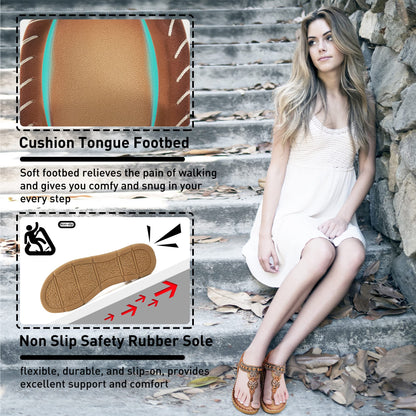 Aomigoct Sandals Women Flat Shoes: Dressy Summer Bohemian Flats Shoes for Women Sandals Comfortable Ankle Strap Outdoor Walking