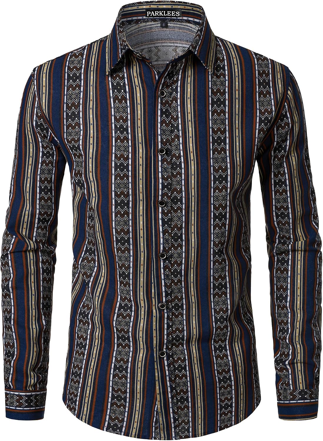 PARKLEES Men's Cotton Linen-Like 70s Disco Retro Traditional Pattern Printed Long Sleeve Button Down Shirt