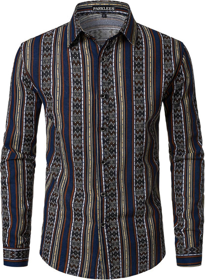 PARKLEES Men's Cotton Linen-Like 70s Disco Retro Traditional Pattern Printed Long Sleeve Button Down Shirt