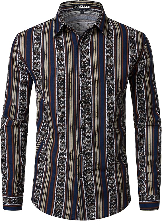 PARKLEES Men's Cotton Linen-Like 70s Disco Retro Traditional Pattern Printed Long Sleeve Button Down Shirt