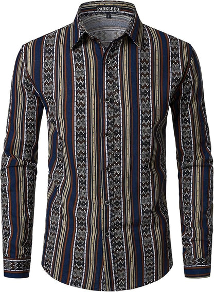 PARKLEES Men's Cotton Linen-Like 70s Disco Retro Traditional Pattern Printed Long Sleeve Button Down Shirt