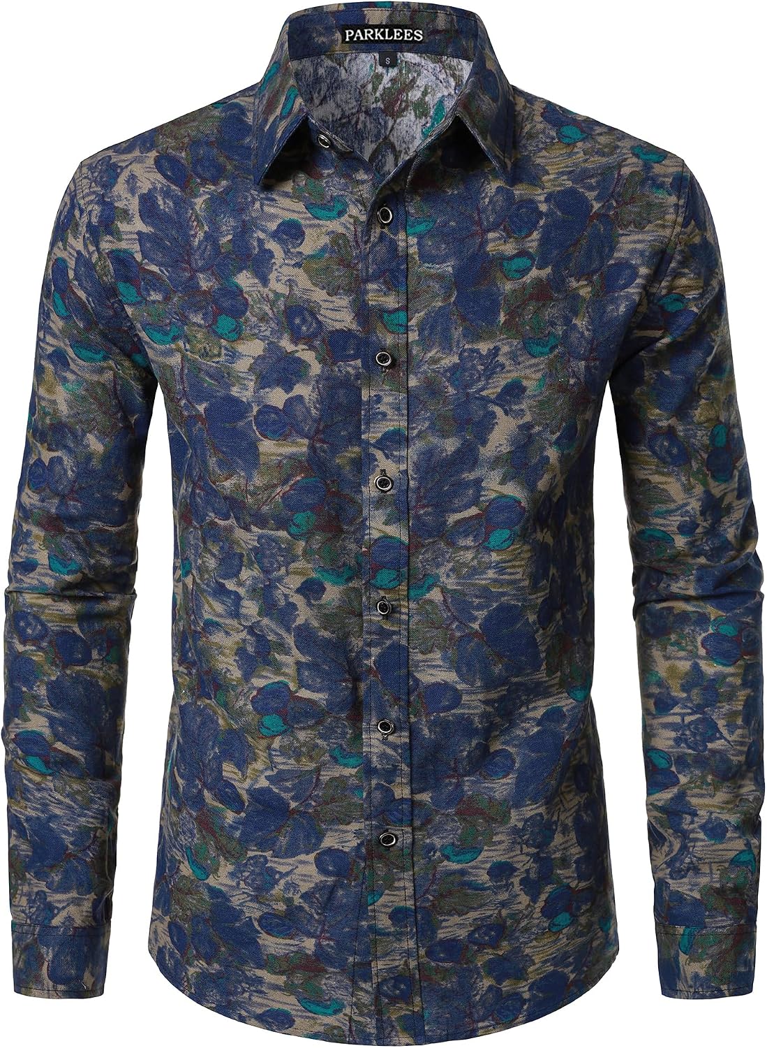PARKLEES Men's Cotton Linen-Like 70s Disco Retro Traditional Pattern Printed Long Sleeve Button Down Shirt