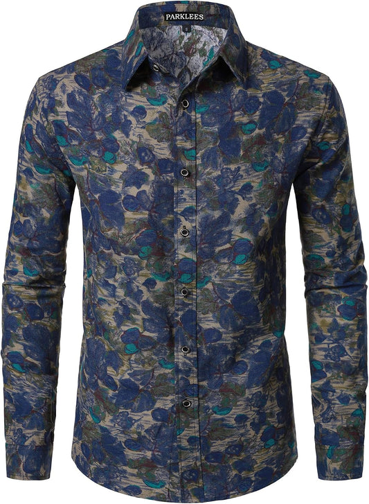 PARKLEES Men's Cotton Linen-Like 70s Disco Retro Traditional Pattern Printed Long Sleeve Button Down Shirt