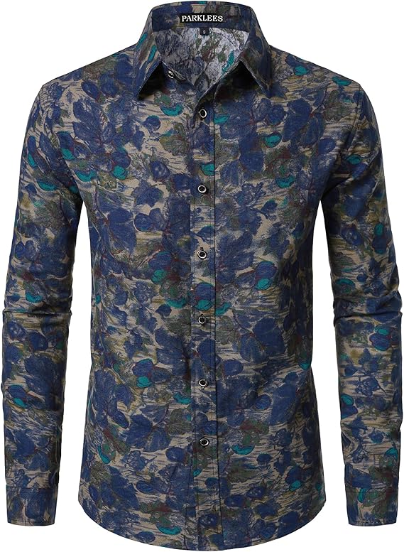 PARKLEES Men's Cotton Linen-Like 70s Disco Retro Traditional Pattern Printed Long Sleeve Button Down Shirt